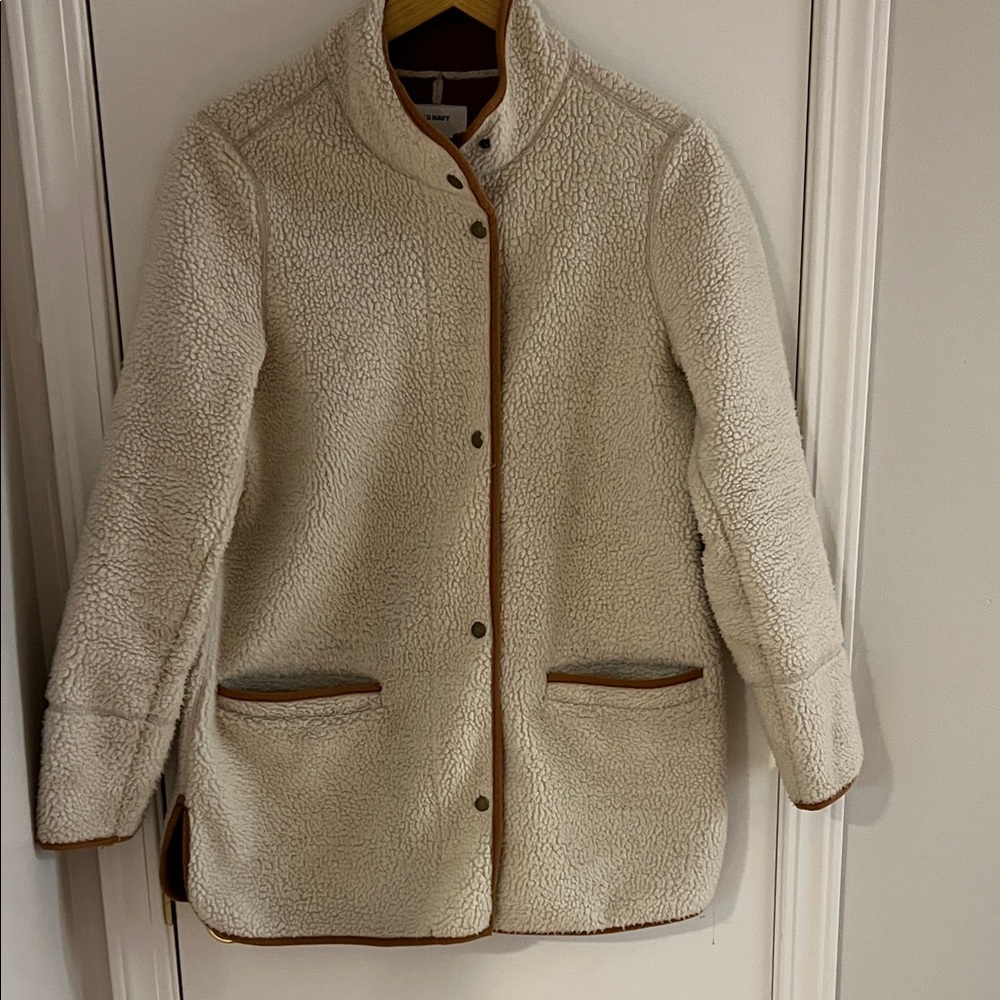 Old Navy Cream Sherpa Coat with Brown Trim - Women